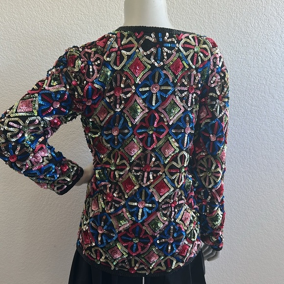 Sweelo Vintage 80s Silk Floral Sequin Beaded Jacket Multicolor - Picture 7 of 9
